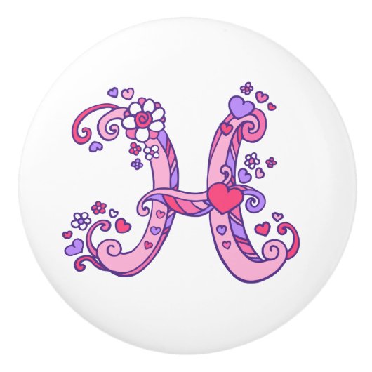 Letter H doodle art pink and purple handle knob セラミックノブ (正面)