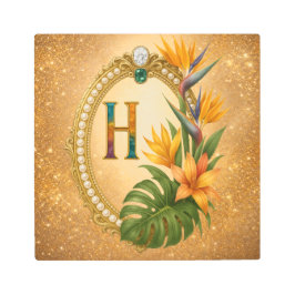 Letter H Tropical Monogram Gold Metal Wall Art メタルプリント