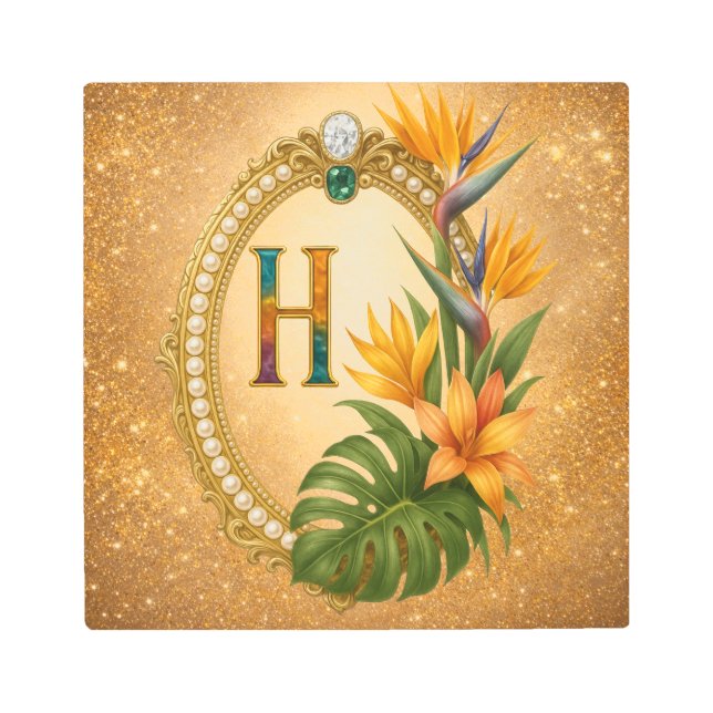 Letter H Tropical Monogram Gold Metal Wall Art メタルプリント (正面)