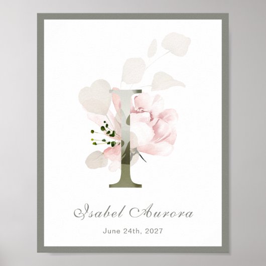 Letter Iモノグラムピンク白フローラ子供部屋ポスター ポスター (正面)