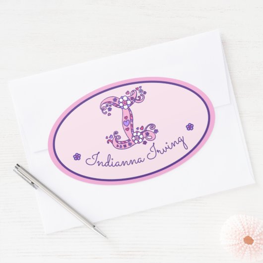 Letter Iモノグラム女カスタムの子の名前ピンクのステッカー 楕円形シール (封筒)