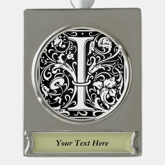 Letter I中世モノグラムアールヌーボー シルバープレートバナーオーナメント (正面)