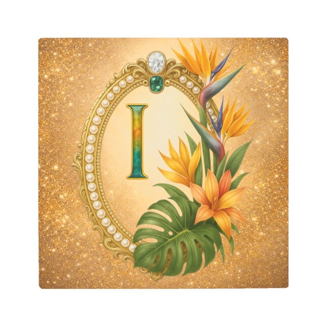 Letter I Tropical Monogram Gold Metal Wall Art メタルプリント (正面)