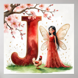 Letter J Rooster Cherry Blossom Fairy Poster Art ポスター