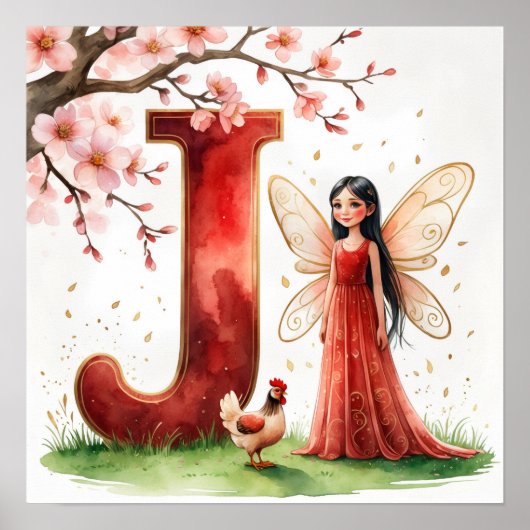 Letter J Rooster Cherry Blossom Fairy Poster Art ポスター (正面)