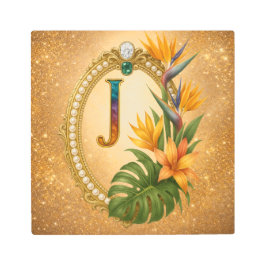 Letter J Tropical Monogram Gold Metal Wall Art メタルプリント