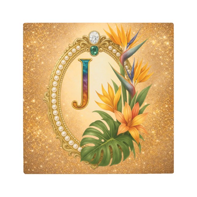 Letter J Tropical Monogram Gold Metal Wall Art メタルプリント (正面)