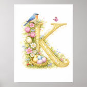 Letter K Gold Spring Nature Monogram Bluebird Kids ポスター (正面)