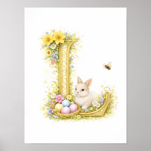 Letter L Gold Spring Nature Monogram White Bunny ポスター (正面)