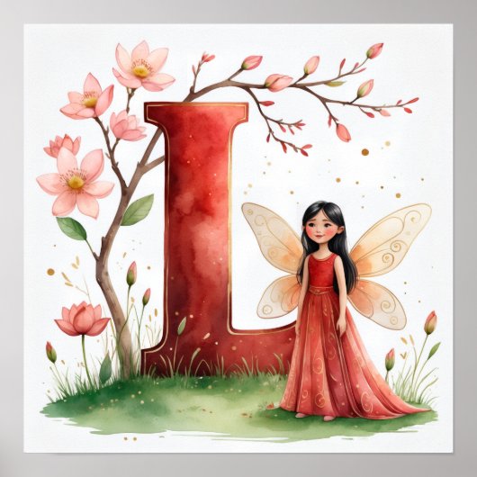 Letter L Lotus Flower Fairy Art Poster - Botanical ポスター (正面)