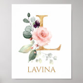 Letter L Monogram pink rose Nursery Poster ポスター (正面)