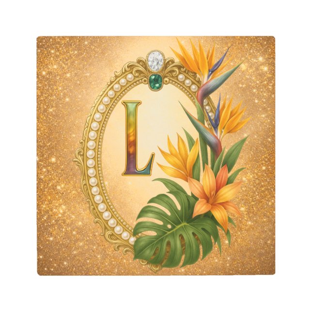 Letter L Tropical Monogram Gold Metal Wall Art メタルプリント (正面)