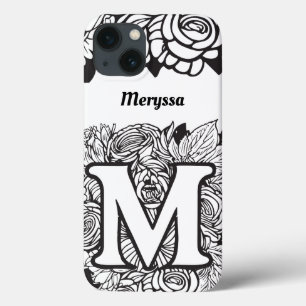 Letter Mパーソナライズされた白黒タトゥーフラワー iPhone 13ケース