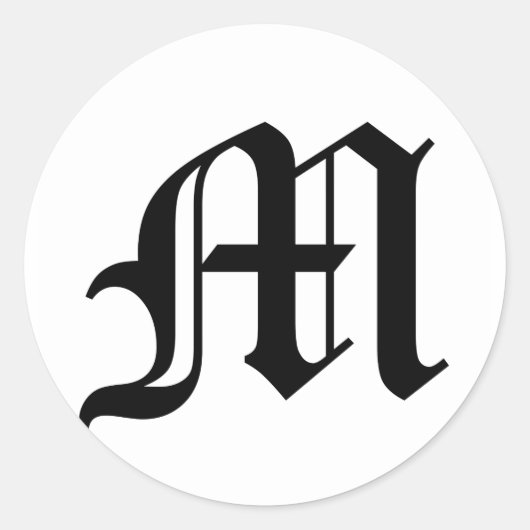 Letter M旧英語文字背景(白) ラウンドシール (正面)