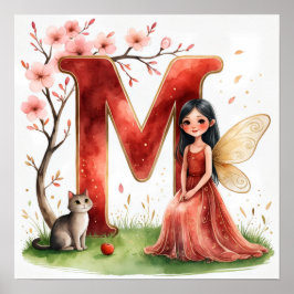 Letter M Cat Fairy Poster Feline Pet Alphabet Art ポスター