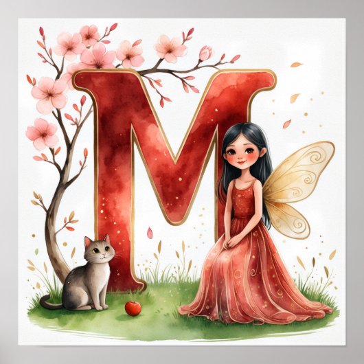 Letter M Cat Fairy Poster Feline Pet Alphabet Art ポスター (正面)