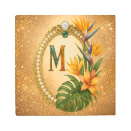 Letter M Tropical Monogram Gold Metal Wall Art メタルプリント