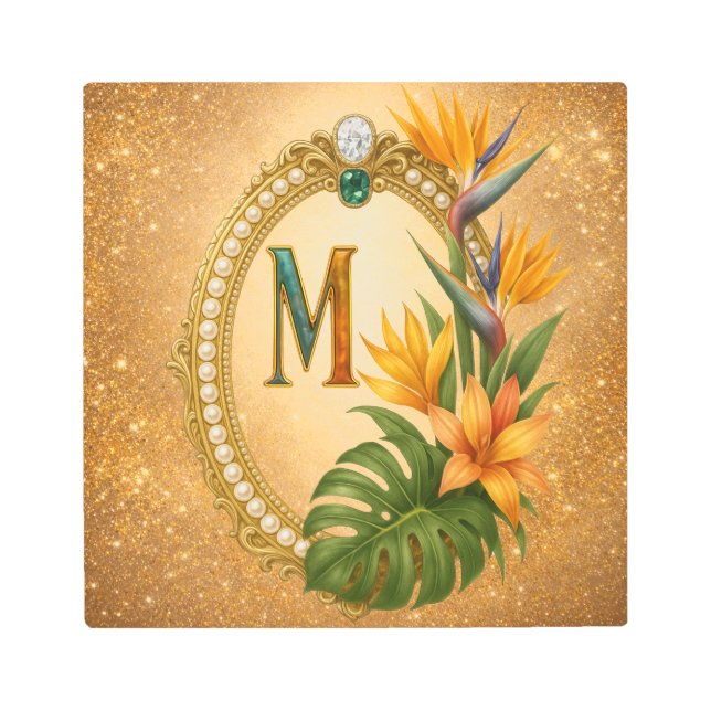 Letter M Tropical Monogram Gold Metal Wall Art メタルプリント (正面)