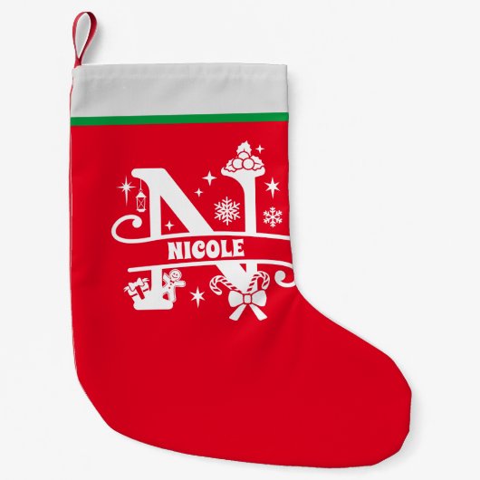 Letter Nクリスマスモノグラムイニシャル名レッドホワイト スモールクリスマスストッキング (正面)