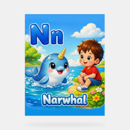 Letter N Alphabet Poster – N is for Narwhal アクリルサイン