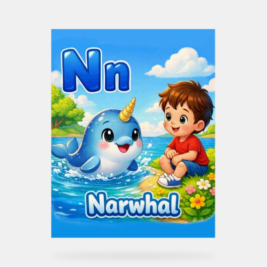 Letter N Alphabet Poster – N is for Narwhal アクリルサイン (正面)