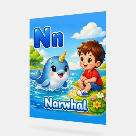 Letter N Alphabet Poster – N is for Narwhal アクリルサイン (傾斜)