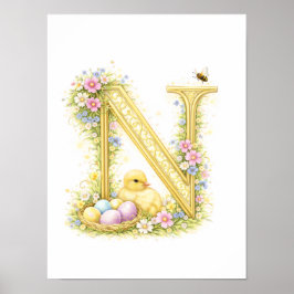 Letter N Gold Spring Nature Monogram Duckling Kids ポスター