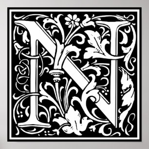 Letter N Medieval Monogram Vintage Initial ポスター