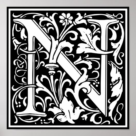 Letter N Medieval Monogram Vintage Initial ポスター (正面)