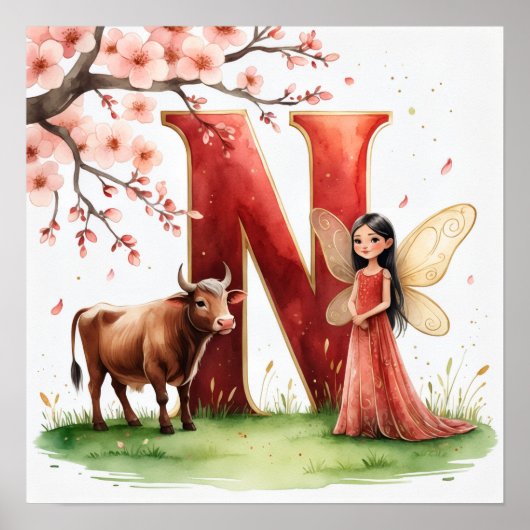 Letter N Ox Fairy Poster - Cherry Blossom Art ポスター (正面)