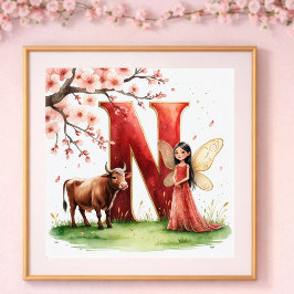Letter N Ox Fairy Poster - Cherry Blossom Art ポスター