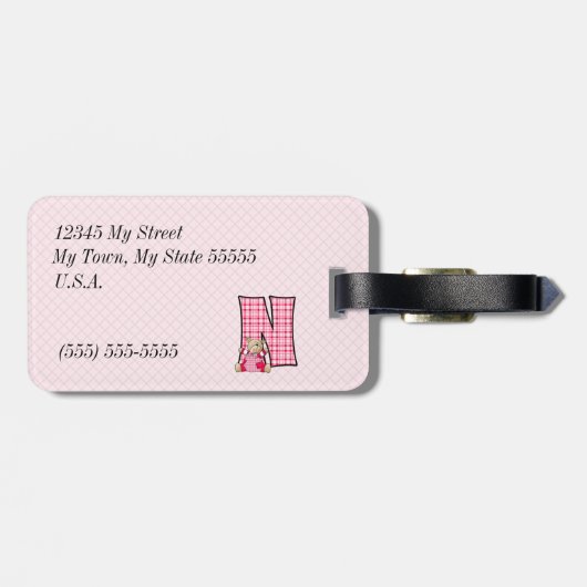 Letter N Teddy Bear in Pink Gingham Checks ラゲッジタグ (裏面横)