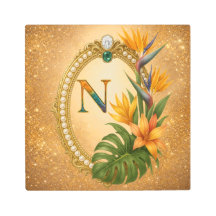 Letter N Tropical Monogram Gold Metal Wall Art