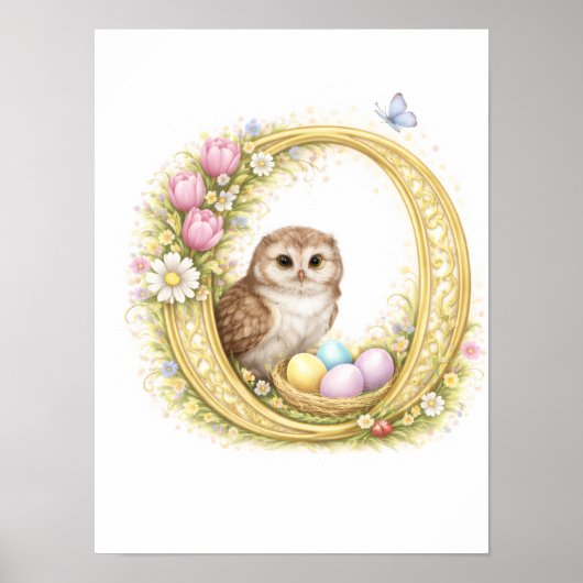 Letter O Gold Spring Nature Monogram Owl Kids ポスター (正面)