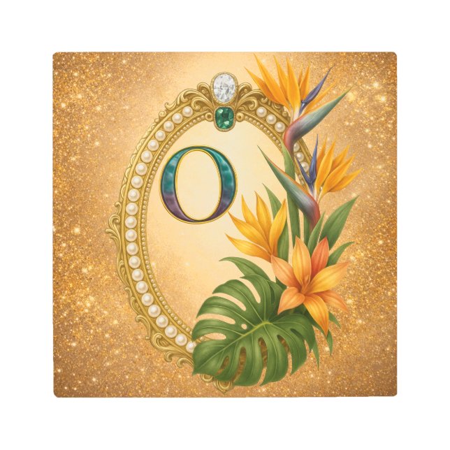 Letter O Tropical Monogram Gold Metal Wall Art メタルプリント (正面)