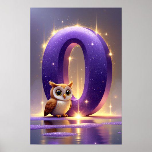 Letter O with Owl Poster Glitter Purple Alphabet ポスター (正面)