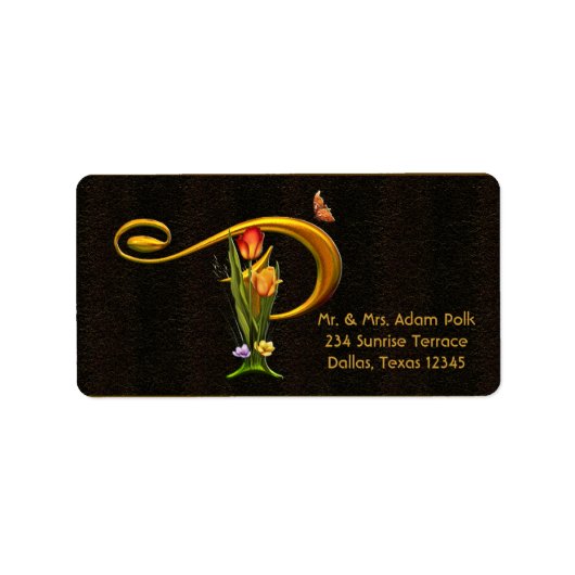 Letter Pモノグラムチューリップバタフライ住所 シール (正面)