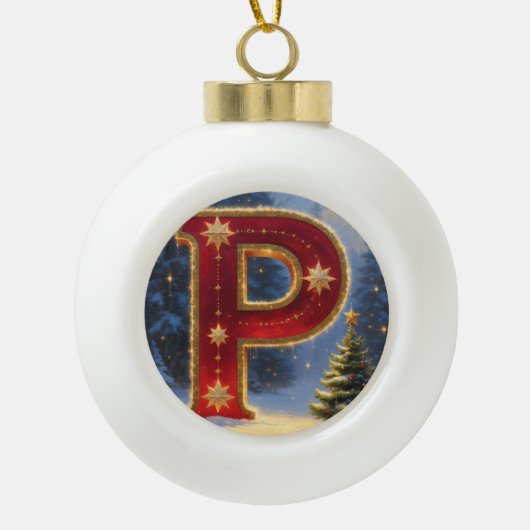 Letter P Christmas Pine Tree Personalized Initial セラミックボールオーナメント (正面)