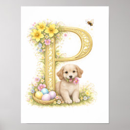 Letter P Gold Spring Nature Monogram Kids Puppy  ポスター