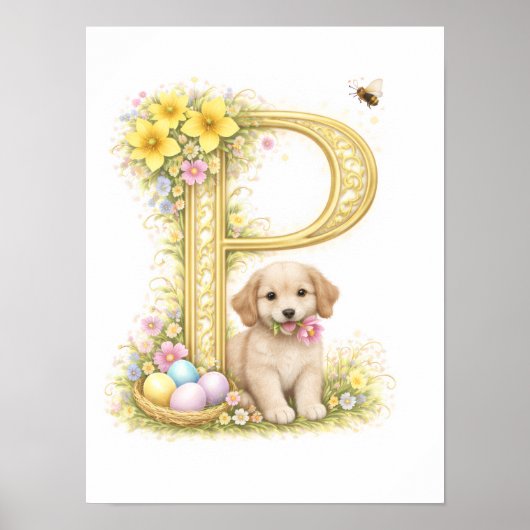 Letter P Gold Spring Nature Monogram Kids Puppy  ポスター (正面)