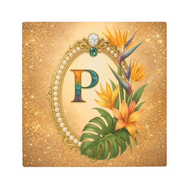 Letter P Tropical Monogram Gold Metal Wall Art メタルプリント (正面)