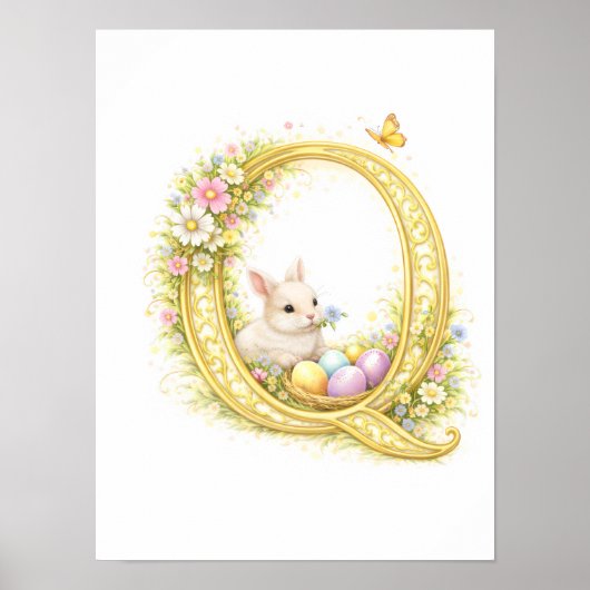 Letter Q Gold Spring Nature Monogram Bunny Kids ポスター (正面)