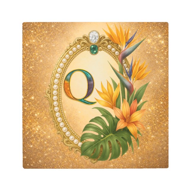 Letter Q Tropical Gold Monogram Metal Wall Art メタルプリント (正面)