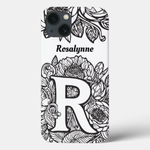 Letter Rパーソナライズされた白黒タトゥーフラワー iPhone 13ケース
