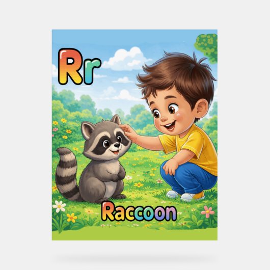 Letter R Alphabet Poster – R is for Raccoon アクリルサイン (正面)