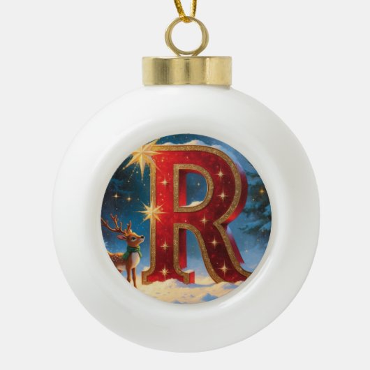 Letter R Christmas Reindeer Personalized Initial セラミックボールオーナメント (正面)