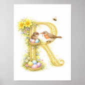 Letter R Gold Spring Nature Monogram Robins Kids  ポスター (正面)