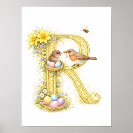 Letter R Gold Spring Nature Monogram Robins Kids ポスター (正面)