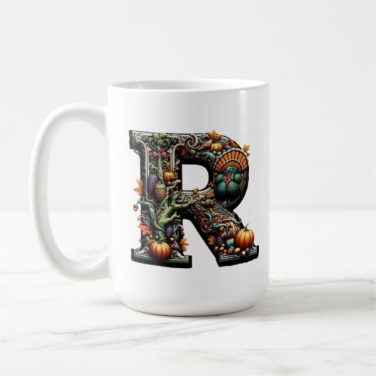 Letter R Thanksgiving style turkey コーヒーマグカップ (左)