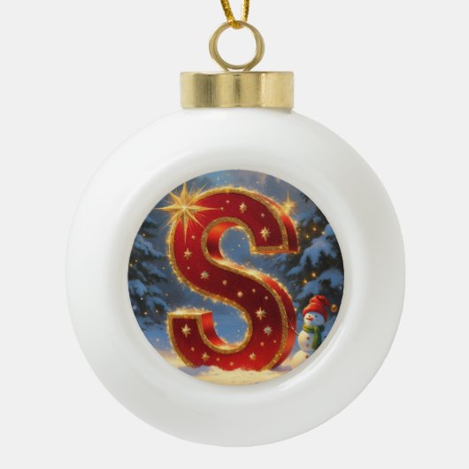 Letter S Christmas Snowman Personalized Initial セラミックボールオーナメント (正面)